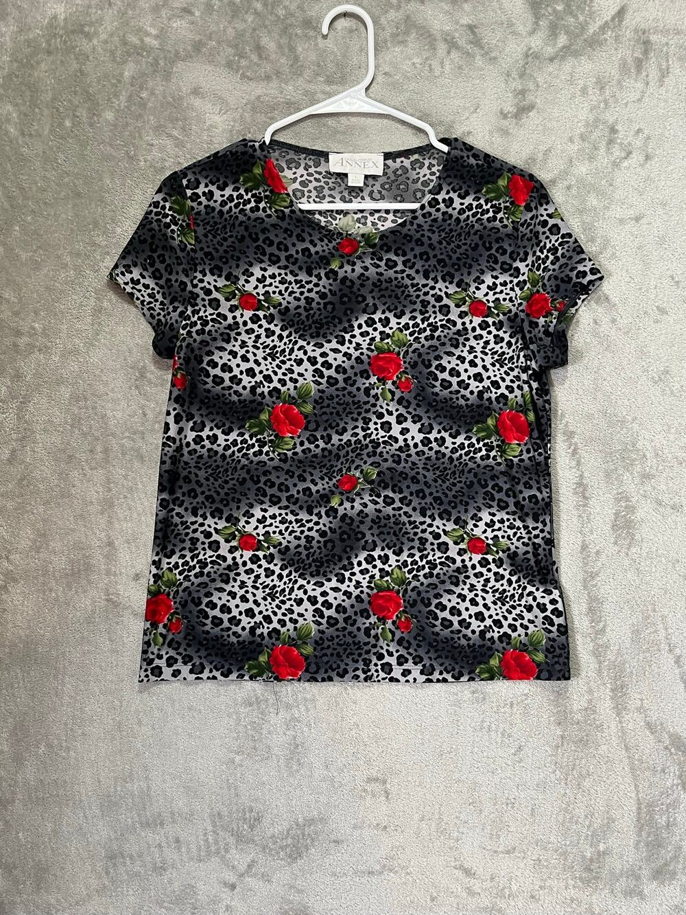 Vintage 90s Leopard Rose Print Mesh Top Sheer Floral Grunge Y2K Women’s Large